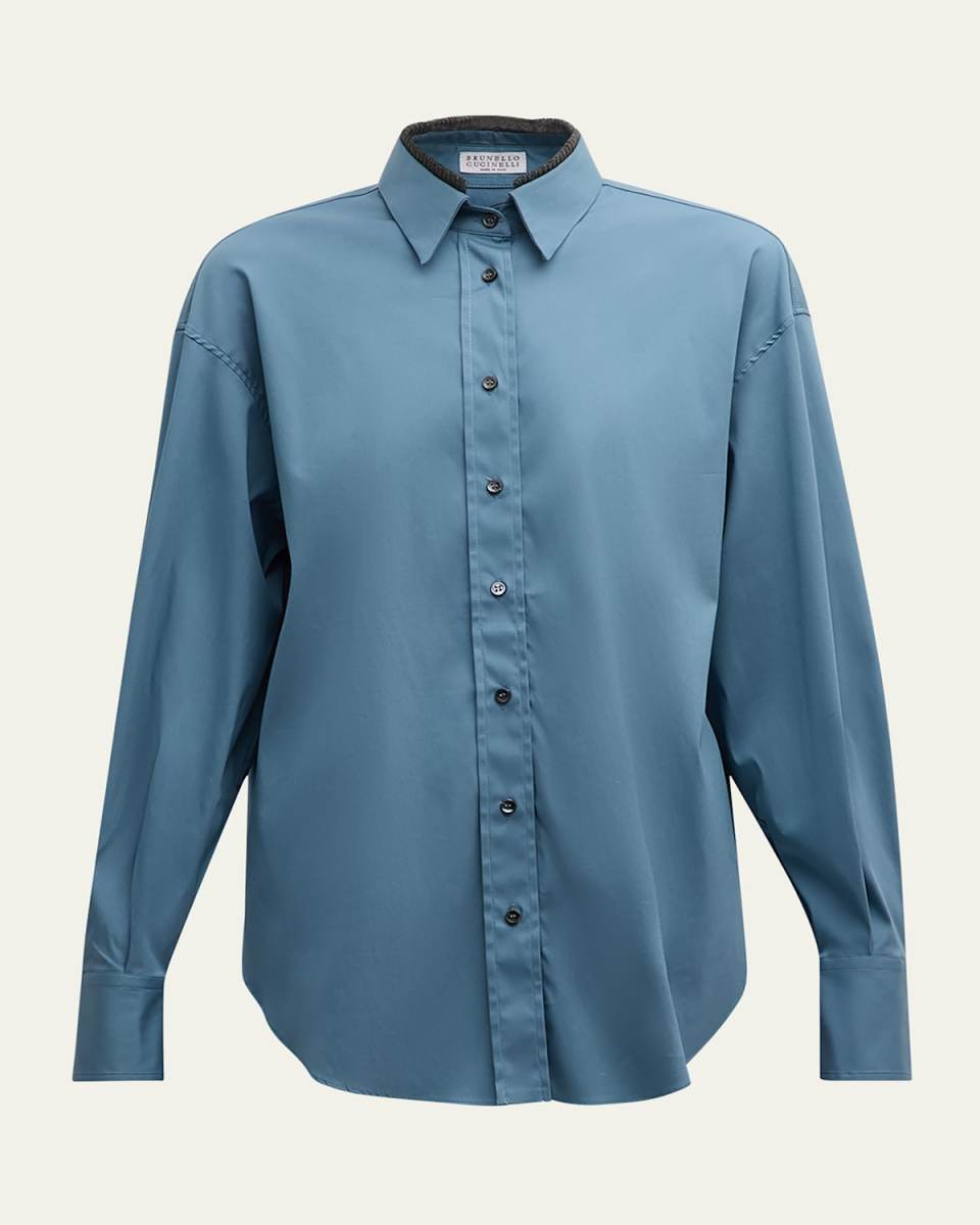 Poplin Stretch Button Down Monili Trim Top